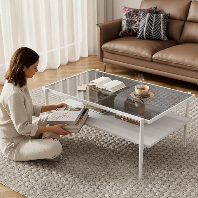 Mid Century Modern 2-Tier Coffee Table with Gray Tempered Glass Top & Wood Storage Shelf – Space-Saving Center Table for Living Room, Apartment & Small Spaces (White-A)
