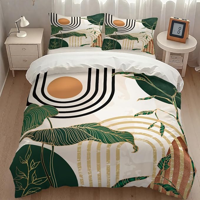 Boho Leaf Bedding Set,Mid Century Green Tropical Plant Palm Leaves Abstract Minimalist Geometic Arch Modern Comforter Set with Pillowcase for Bedroom Bed Decor，Twin 86"x70"