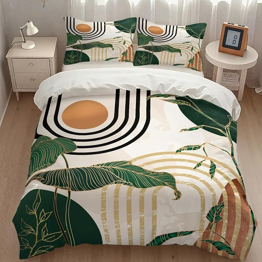 Boho Leaf Bedding Set,Mid Century Green Tropical Plant Palm Leaves Abstract Minimalist Geometic Arch Modern Comforter Set with Pillowcase for Bedroom Bed Decor,King 102"x90"