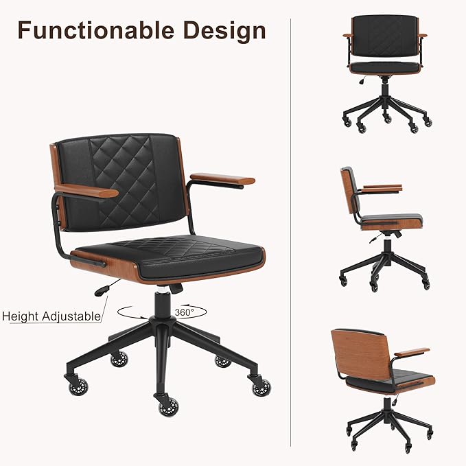 Ergonomic Office Chair with Rubber Wheels & Walnut Arms - PU Leather Mid-Back Desk Chair, Adjustable Height, Bentwood Backrest | Swivel Rocking Design for Home Office, Meeting Room, Study