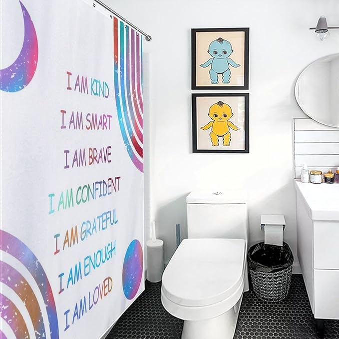 Rainbow Shower Curtain for Girls Bathroom, Boho Rianbow Quotes Inspirational Motivational Positive Colorful Pastel Green for Baby Kids Waterproof Fabric Shower Curtain Set with Hooks, 72"x72" Inch
