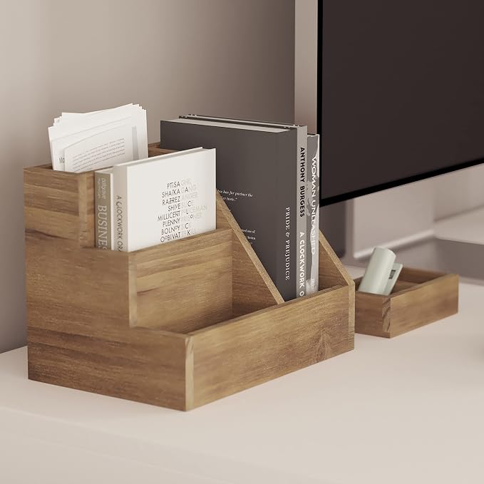 Merrick Lane Ceely 3 Wood Organizer Set - Rustic Brown Solid Pine Wood - For Desktop, Table Top, or Vanity