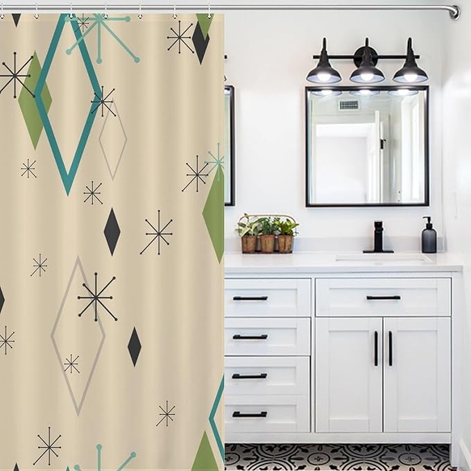 50s Retro Shower Curtain Atomic Mid Century Modern Space Pattern Duty Fabric Shower Curtains Set Bathroom Polyester Waterproof with 12 Hooks, 66x72Inch（168x183cm）