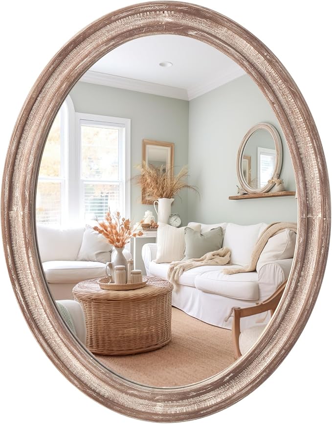 sawsile Oval Wood Mirror,Rustic 24x30 Inch Wooden Farmhouse Decorative Vanity Natural Mirrors for Bedroom, Bathroom, Living Room,or Entryway