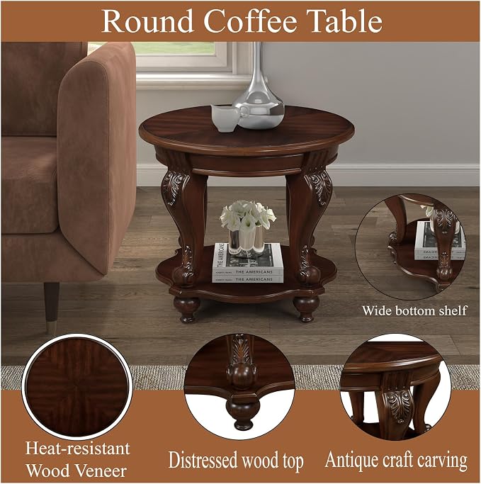 22'' Round End Table Solid Wood Sofa Side Table with Storage Shelf, Living Room Corner Table Retro Accent Table with Cherry Finish, Easy Assemble Round Bedside Table Night Stand for Small Space