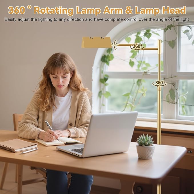Pharmacy Floor Lamp - Full Range Dimming, Swing Arm Task Lamp, Adjustable Height 47” to 55”, 360° Rotatable Shade, All-Metal Design, Antique Brass