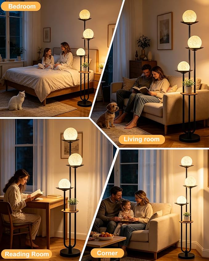 Lightdot Globe Floor Lamp with Shelf 3-Lights Modern Dimmable Floor Lamps for Wedding/Party, 3000K Warm White Bulbs Included, Black Tall Standing Lamp with Grey Shade for Living Room/Bedroom