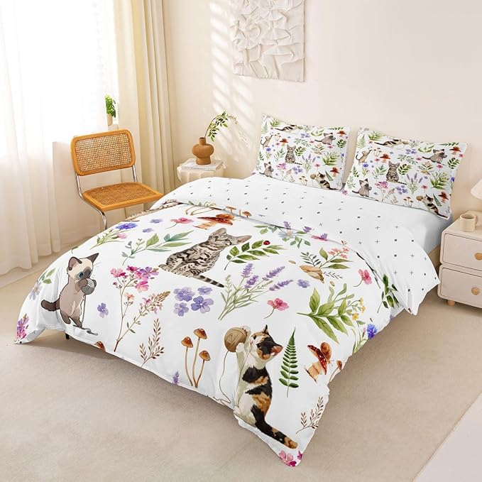 Erosebridal Cute Cat Bedding Set Queen Kitten Cat Lovers Duvet Cover Nature Watercolor Florals Comforter Cover for Kids Girls Boys Adults Pet Animals Bed Set