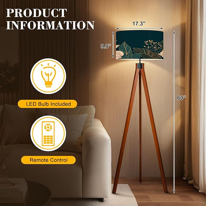 Wood Tripod Floor Lamp Leaves elegance luxury Symbol spring summer season Linear ornament Mid Century Standing Lamp Linen Shade Dimmable Modern Tall lamp Home Decor for Living Room Bedroom Office