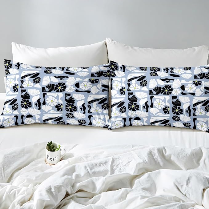 Erosebridal Mid Century Boho Comforter Cover Twin Cute Blue White Floral Plant Patchwork Bedding Set Modern Abstract Geometric Duvet Cover for Kids Adults,Vintage Aesthetic Bed Set