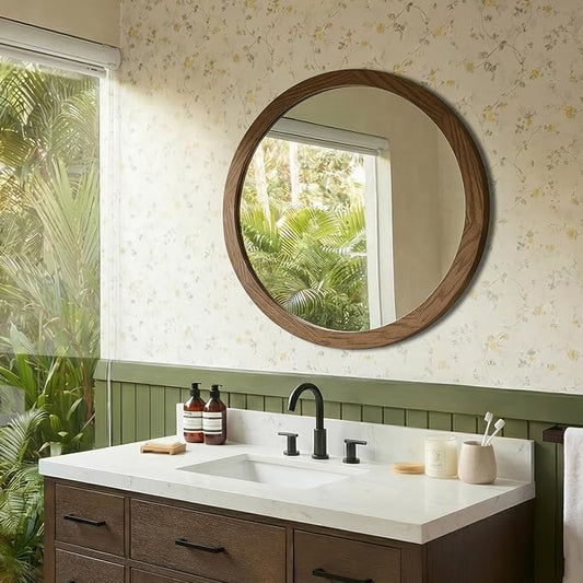 ARIEL Round Wooden Mirror 36" in Brown Oak, Wood Circle Wall Mirror for Bathroom, Vanity, Entryway & Living Room Decor, Farmhouse Style