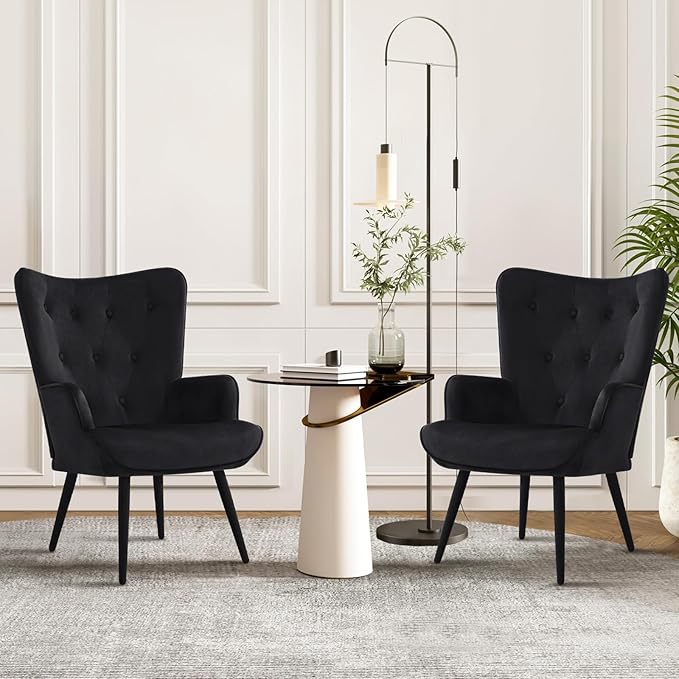 Furnimart Black Velvet Accent Chair Mid Century Modern Living Room Chairs; Comfy Armchair Leisure Vanity Guest Wingback Chair for Office Study Vanity Bedroom Waiting Room