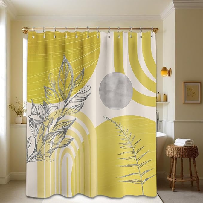 Mustard Yellow Shower Curtain Boho Mid Century Light Yellow and Grey White Shower Curtains for Bathroom Decor, Waterproof Cloth Fabric with Hooks, 70" W x 72" L