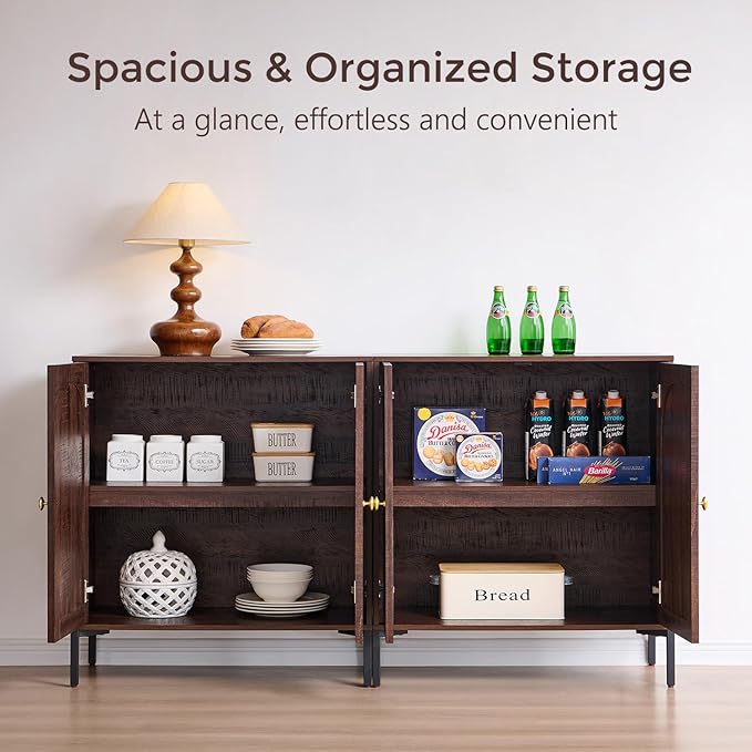 Modern Buffet Cabinet with Storage, 61.75" W Fluted Arched Sideboard Cabinet w/Adjustable Shelves, Wooden Modular Coffee Bar for Dining Room, Kitchen, Living Room, Entryway, Brown
