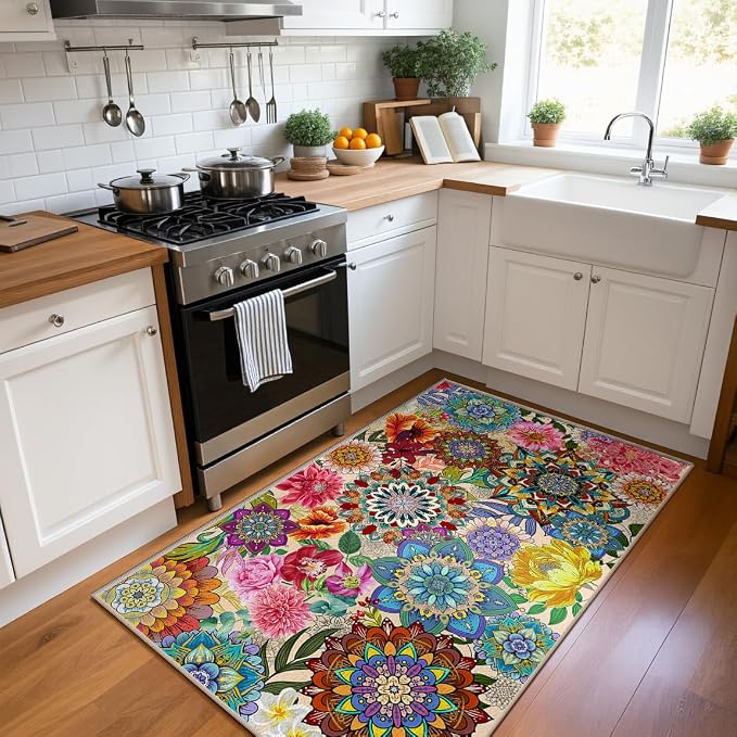 3'x5' Boho Floral Area Rugs for Entryway Kitchen Living Room Bedroom, Non-Slip Machine Washable Colorful Flower Entry Rugs Carpet Door Mat Indoor Entrance Aesthentic