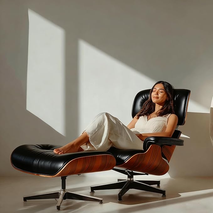 Mid-Century Genuine Top Grain Leather Chaise Lounge Chair & Ottoman, Walnut Wood Base, Modern Classic Design for Living Room & Office