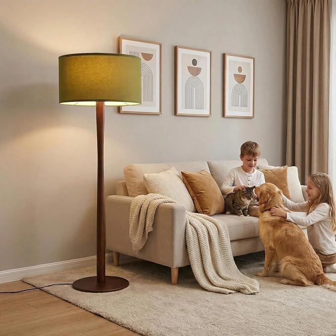 62" Tall Rustic Wood Floor Lamp for Living Room, Farmhouse Walnut Wood Floor Lamps with Linen Shade, UL Listed Standing Lamps with Wooden Base for Bedroom, Corner, Dining Room,Office, Green Shade