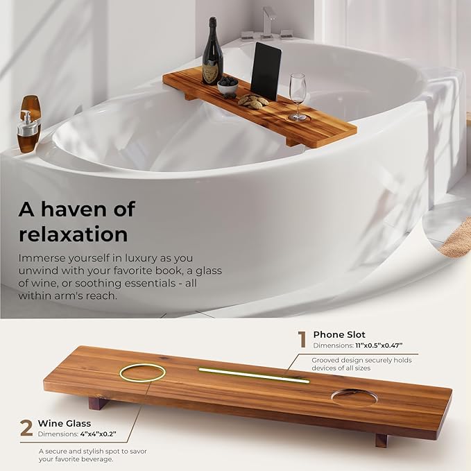 Tinamo Acacia Bathtub Caddy Tray Table | 35x9 Inch Large Bath Tub Tray Wooden | Anti-Tipping, Sustainable Tub Tray for Bathtub | Bathtub Accessories Holders for Bathtub (Acacia, 35x9)