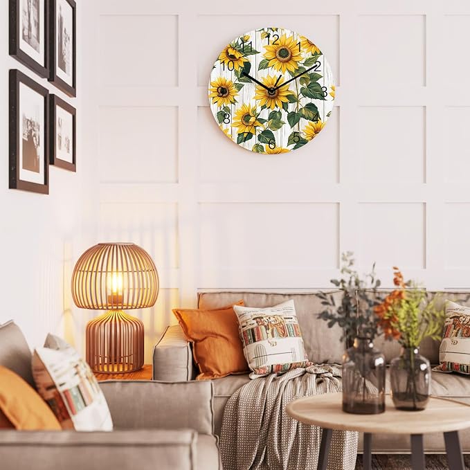 Sunflower Wall Clock Battery Operated Non-Ticking 12" Round Wood Clocks, Vintage Style Yellow Floral Grey Wood Grain Kitchen Wall Clock for School Bathroom Living Room Home Office Wall Decor