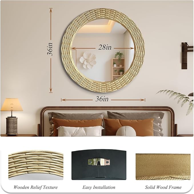 WAMIRRO Gold Round Wood Mirror, 36 Inch Hand Carved Solid Wood Frame Circle Mirror for Wall Mount, Farmhouse Boho Decor for Living Room, Bathroom, Bedroom, Hallway & Entryway