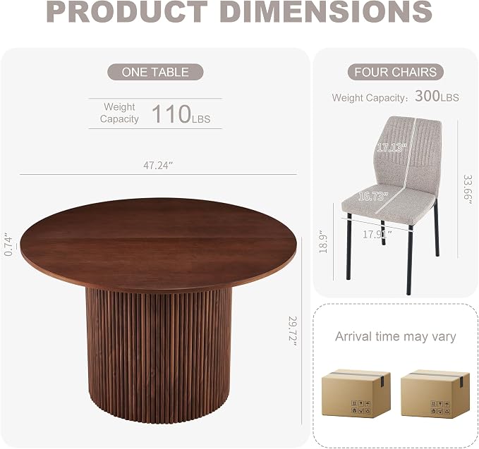 Dining Table Set for 4, 47" Wooden Round Kitchen Table with Linen Fabric Chairs for Kitchen Room and Small Spaces(Walnut Table + 4 Light Brown Chairs)