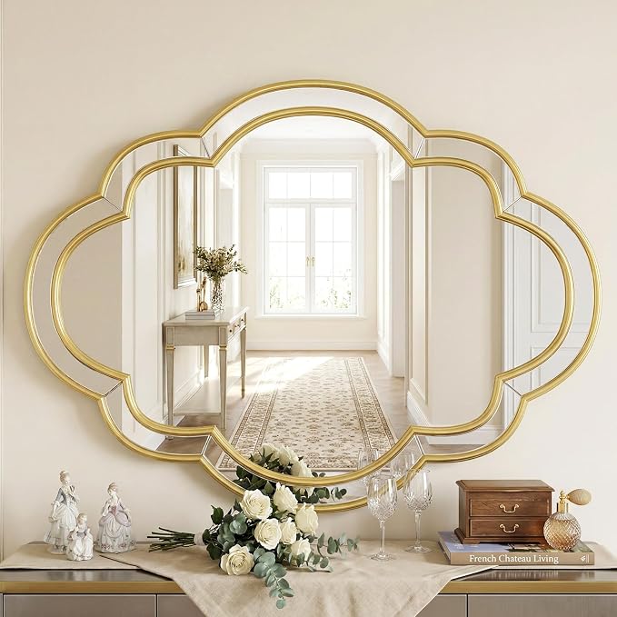 Gold Oval Mirror - 24"x32" Gold Scalloped Edge Mirrors with Beveled Glass Frame, Wall Decor Mirror for Living Room, Bedroom, Entryway,Hallway
