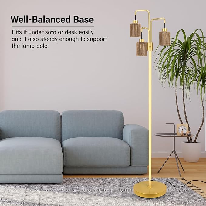 BoostArea Industrial Floor Lamp for Living Room,Gold Modern Standing Lamp Stand Up Lamp with 3 Light, Bulbs Not Included,Simple Design Floor Lamp for Bedroom, Living Room, Office, Kids Room, Reading
