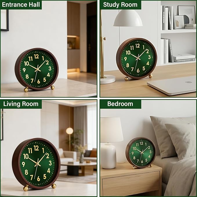 Maxspace Wooden Table Clock,8in Silent Non-Ticking Desk Clock with Gold Ball Base,Battery Operated Desktop Analog Clock for Living Room Office Bedroom Decor (Green Gold - Walnut, Copper Ball Base)