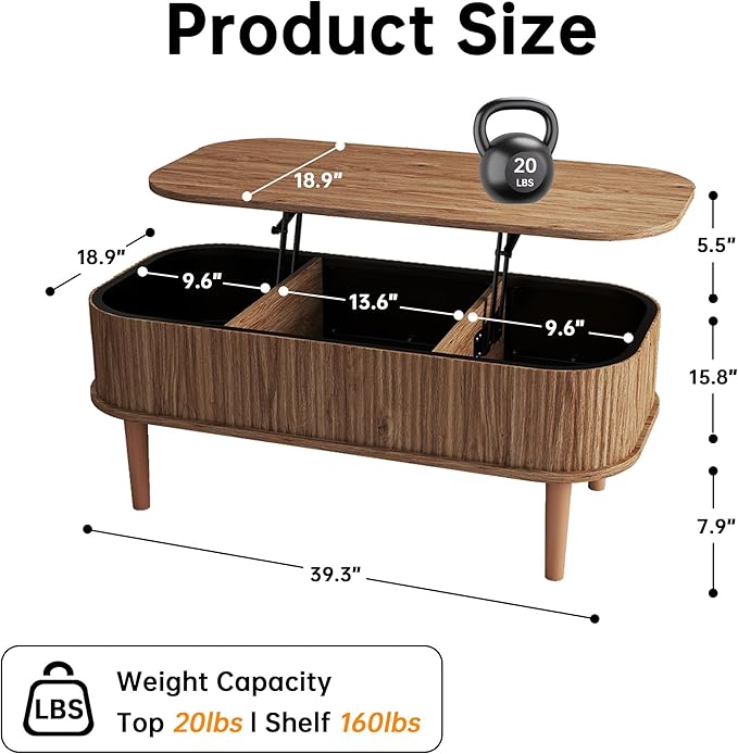 Fluted Lift Top Coffee Table with Hidden Storage, Oval Coffee Table with Lifting Top, Mid Century Modern Design for Living Room, Office & Small Spaces(Walnut)