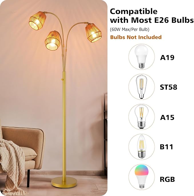 9MMML Vintage Gold Arc Floor Lamp with Rotatable Arms & Rattan Lampshade, 3-Light Mode Rotary Switch Adjustable, 72.5'' Tall Standing Lamp for Living Room, Bedroom, E26 Base