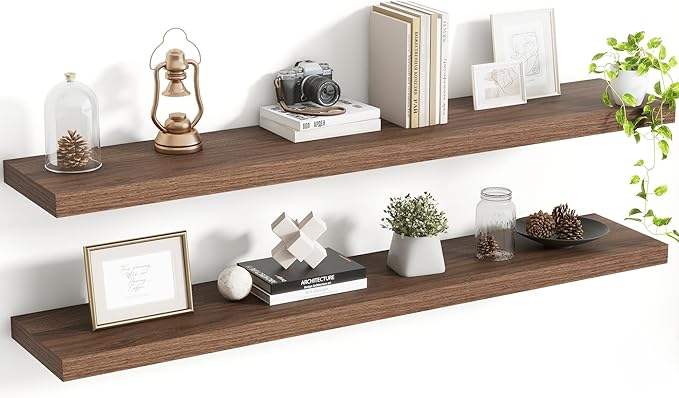 48 Inch Floating Shelves, 8 Inch Deep Floating Shelves for Wall, Hanging Shelf with Invisible Brackets, Deep Shelves for Bathroom, Bedroom, Living Room, Walnut, Set of 2