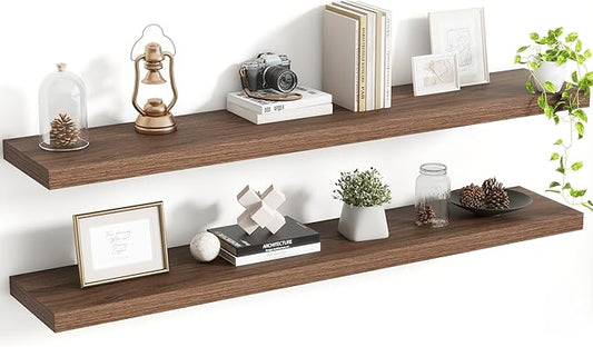 48 Inch Floating Shelves, 8 Inch Deep Floating Shelves for Wall, Hanging Shelf with Invisible Brackets, Deep Shelves for Bathroom, Bedroom, Living Room, Walnut, Set of 2