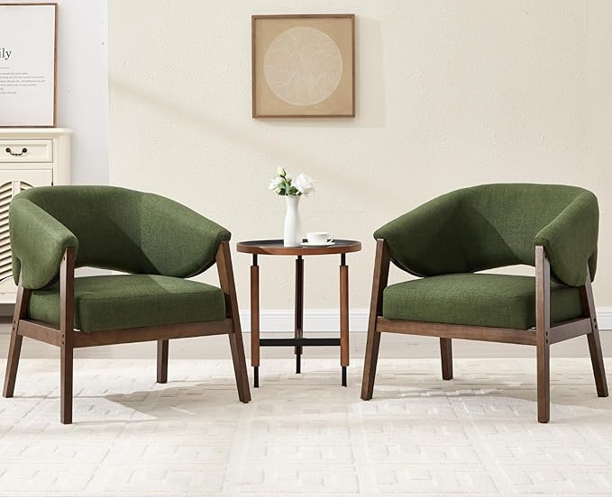 CIMOTA Mid-Century Modern Accent Chairs Set of 2, Comfy Barrel Armchairs with Wide Seat, Upholstered Lounge Chairs with Walnut Wood Legs for Living Room/Reading Corner, Linen Fabric, Deep Green, 2PCS