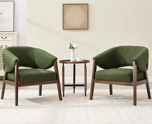 CIMOTA Mid-Century Modern Accent Chairs Set of 2, Comfy Barrel Armchairs with Wide Seat, Upholstered Lounge Chairs with Walnut Wood Legs for Living Room/Reading Corner, Linen Fabric, Deep Green, 2PCS