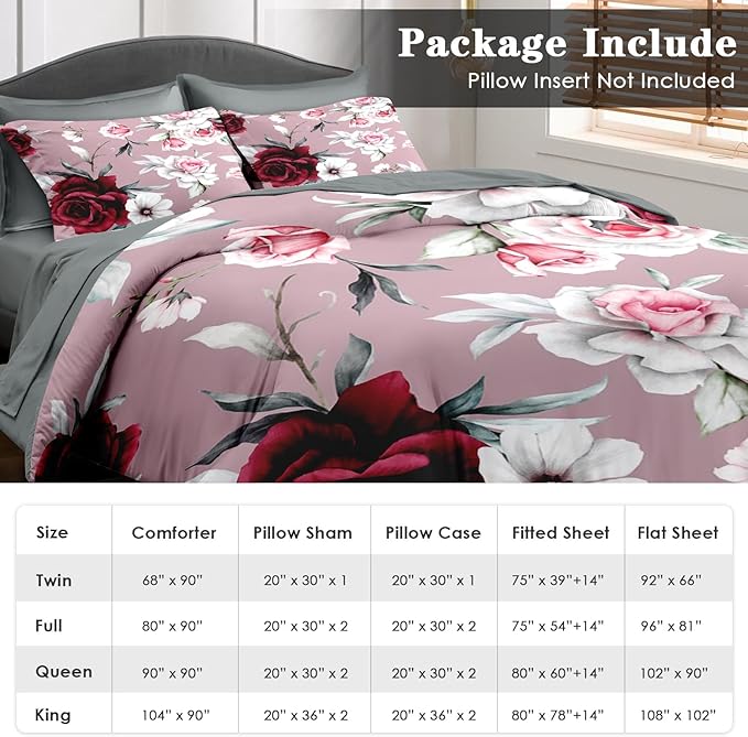 Pamnest Comforter Set King Size, Rose Flower Leaves 7 Pcs Bedding for Kids and Adults, Painting Vintage Bed Sheet Sets with Fitted Sheet 2 Pillowcases & 2 Shams for Bedroom Bed Decor