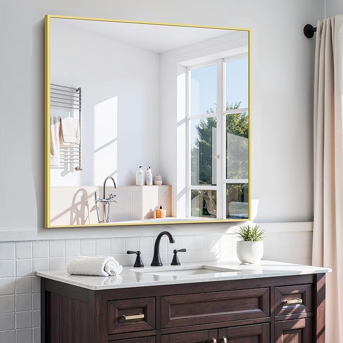 KOCUUY Gold Bathroom Mirror, 42"x42" Square Bathroom Mirror for Wall, HD Tempered Glass, Anti-Rust Frame, Modern Design for Bathroom, Bedroom, Living Room, Entryway