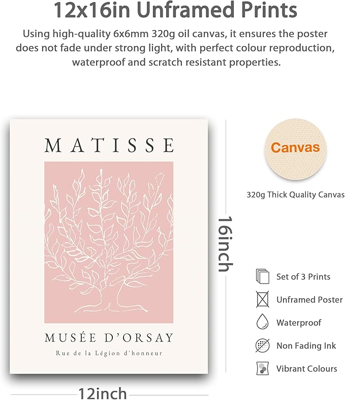 HesenDot Unframed Pink Wall Art Set of 3,12x16in Matisse Canvas Prints,Abstract Botanical Wall Decor Posters,Minimalist Modern Home Decoration for Living Room Bedroom Office, Unframed