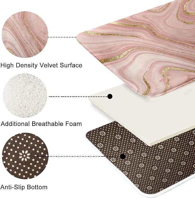 Britimes Marble Pink Bath Mat for Bathroom Washable Floor Rug Carpets Floor Mat Bathroom Decorations 16x24 inches for Kitchen Indoor