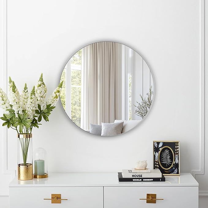 Round Mirror, Wall Mounted Circle Mirror with Brushed Metal Frame, Circular Mirrors for for Bathroom, Living Room, Vanity, Bedroom, Entryway, 20inch, Silver
