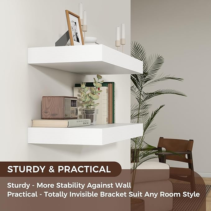 Floating Shelves for Wall, 24 Inch Wide x 12 Inch Deep Floating Shelves, Long Wood Floating Wall Shelf Shelves for Living Room Bathroom Bedroom Kitchen Home - (White, 24" W x 12" D x 2" H)