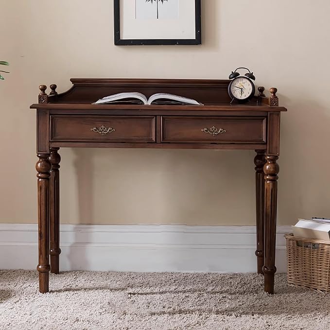 Mid-Century Home Office Desk with 2 Drawers,Solid Wood Wide Writing Study Desk,Vanity Dressing Table with Storage,Computer Desk for Bedroom, Living Room(35.5" W x 17.7" D, Brown)