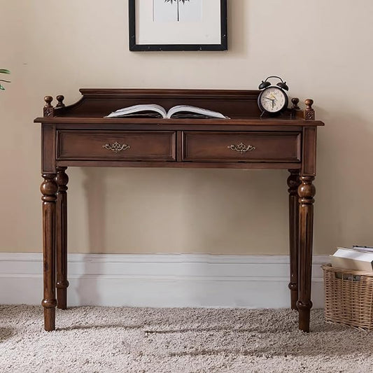 Mid-Century Home Office Desk with 2 Drawers,Solid Wood Wide Writing Study Desk,Vanity Dressing Table with Storage,Computer Desk for Bedroom, Living Room(35.5" W x 17.7" D, Brown)