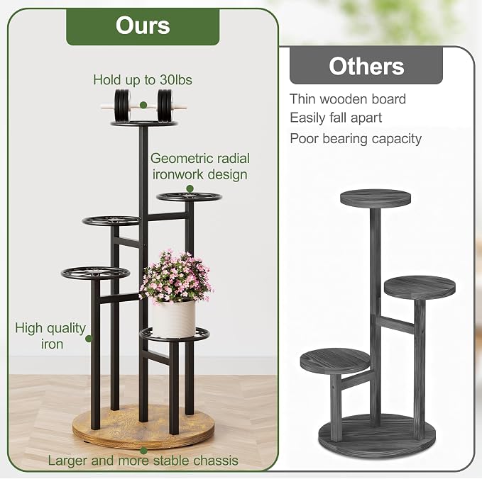 Metal Black Plant Stand Indoor Outdoor,5 Tier Tall Flower Pot Holder Potted Display Rack Shelf, Heavy Duty Plant Shelf for Patio Garden Balcony Living Room Bedroom - BlackS