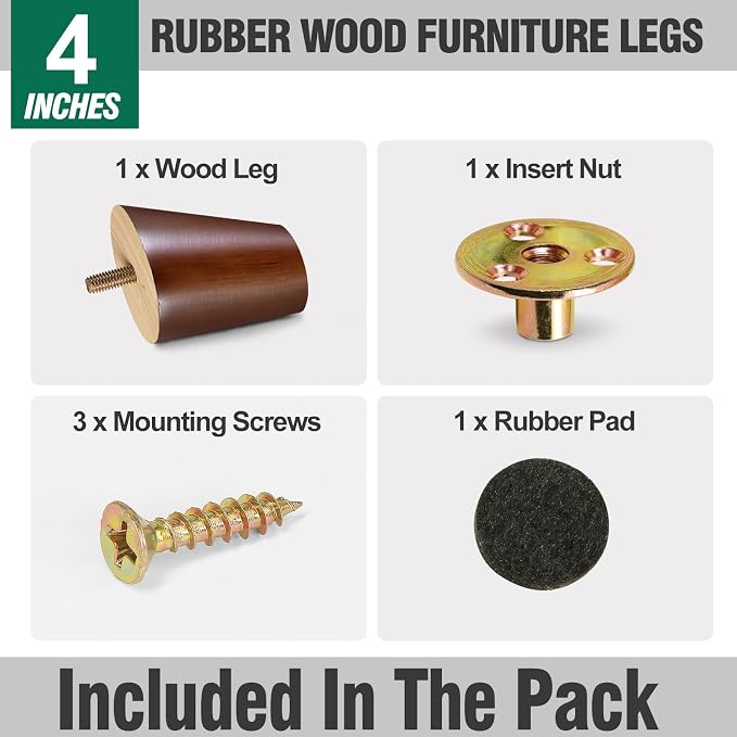 FoDau770 Brown Rubber Wood Furniture Legs 4 Inches, 5/16" UNC Slant Tapered Wood Feet Mid Century Sofa Legs, Wooden Furniture Feet Replacement Parts for Cabinet Couch Dresser Chair Ottoman Table