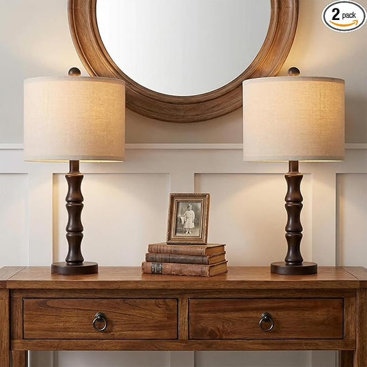 BOBOMOMO 20.5" Classic Table Lamps Set of 2, Farmhouse Nightstand Lamps with Dark Wood Grain Resin Base & Linen Shade, Small Bedside Lamps for Bedroom, Living Room, Home Office & Cozy Apartment Décor