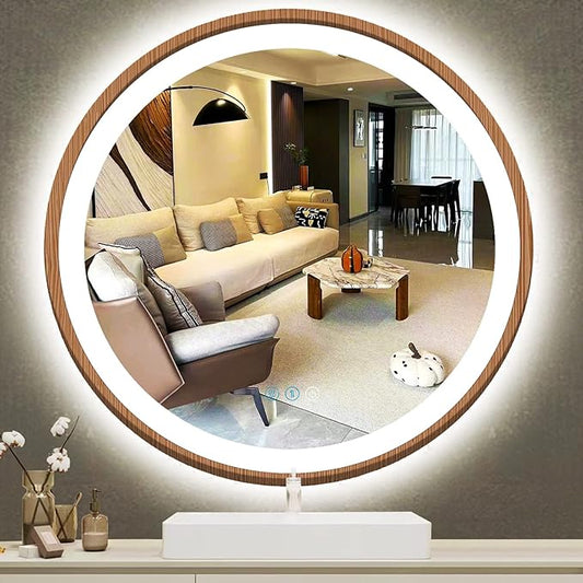 30 Inch Bathroom Round Wood LED Mirror with Wood Frame Round Lighted Vanity Mirror with Lights 3 Color Dimmable Anti Fog 30" Wood Circle LED Mirror for Bathroom Wall Round Smart Light up Mirror