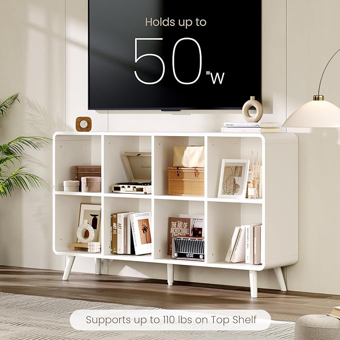 EXPERLAM White 8 Cube Storage Organizer with Legs and Rounded Edges, Mid Century Cube Bookshelf, Low Horizontal Cube Shelf Bookcase for Living Room, Bedroom, Entryway