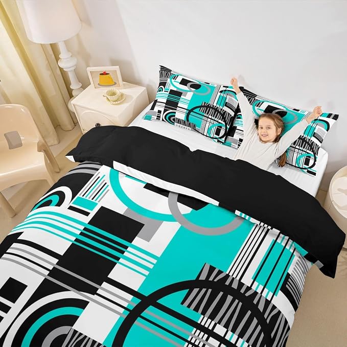 Erosebridal Art Deco Mid Century Duvet Cover Set Retro Modern Abstract Geometric Queen Bedding Set for Teen Boys Black and White Teal Circles Stripes Comforter Cover Contemporary Bed Sets