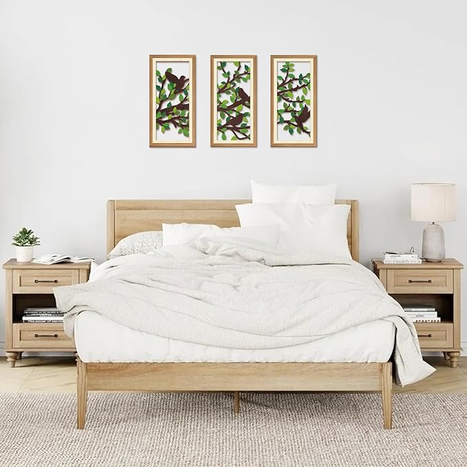 IARTTOP 3 Pcs Nature Silhouette Wall Art Set Green Leaf Botanical Wall Decor Bird on Branch Art Prints Rustic Farmhouse Wood-Look Art Decor for Living Room Bedroom Office 8x16 Inch