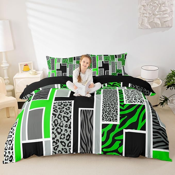 Erosebridal Leopard Zebra Print Duvet Cover King Green Black Grey Geometric Patchwork Bedding Set Rustic Animal Skin Texture Comforter Cover for Kids Teen Adults,Jungle Wildlife Bed Set
